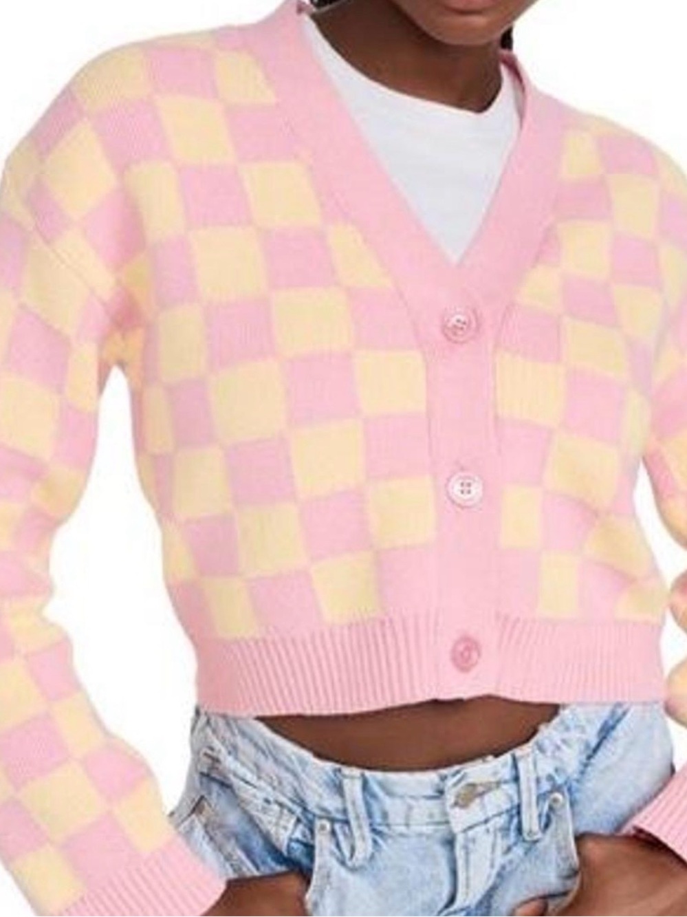 English Factory Cropped Pink & Cream Checkered V-Neck Button Cardigan Sweater